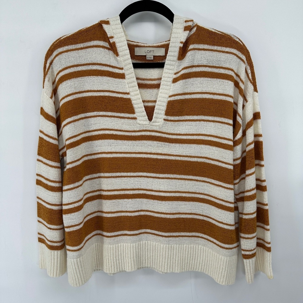Loft Womens Striped Knit Hoodie Sweater Rust Cream Medium V-Neck - Picture 2 of 8
